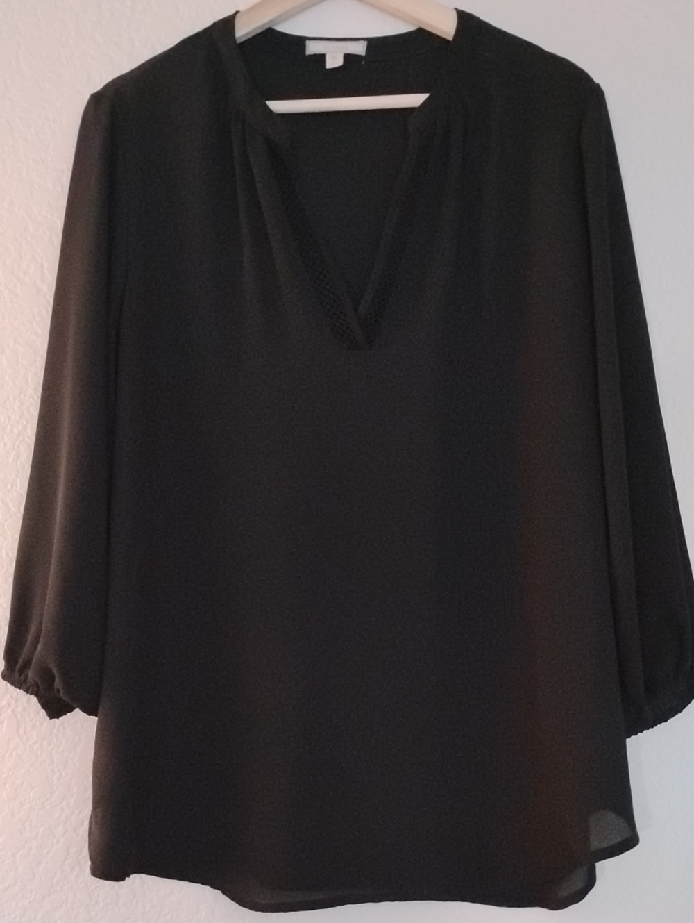 Sheer Black Lace Detail V-Neck 3/4 Billowing Sleeves Women’s Blouse